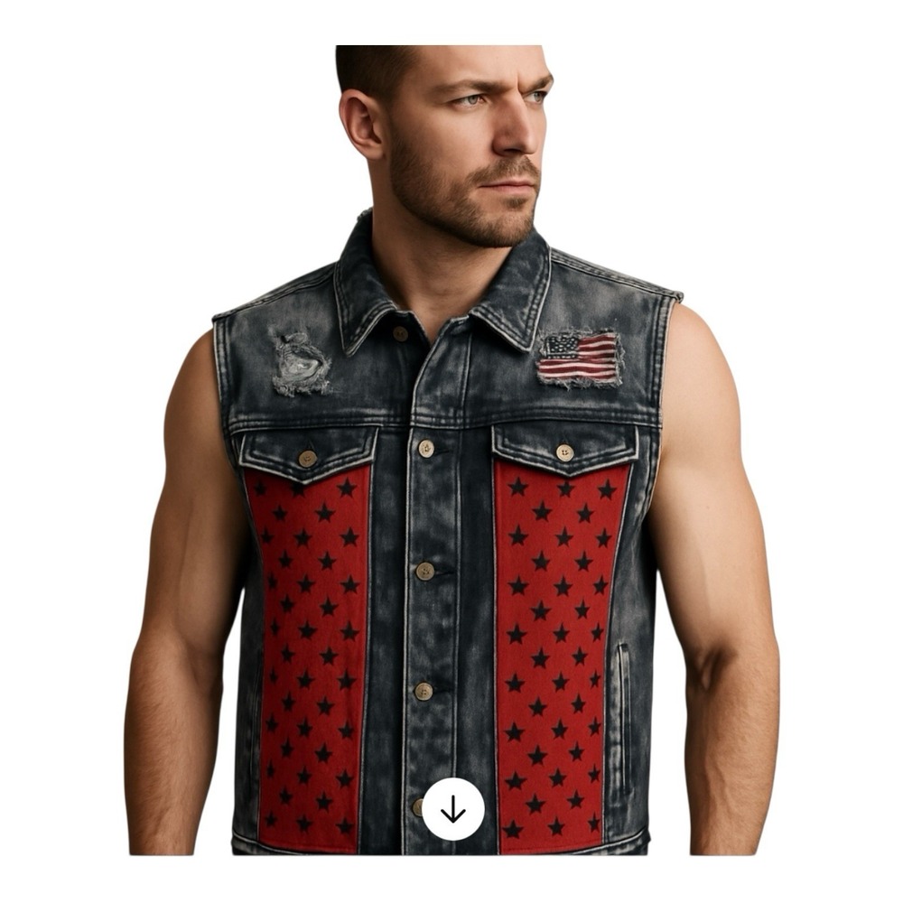 Vintage &  Denim Biker Vest Distressed 4 Pockets American Flag Accents‎ GS-115